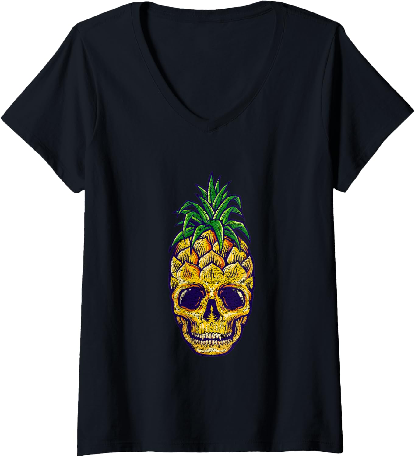 Womens Vintage Grunge Goth Retro Hawaiian Tropical Pineapple Skull V Neck