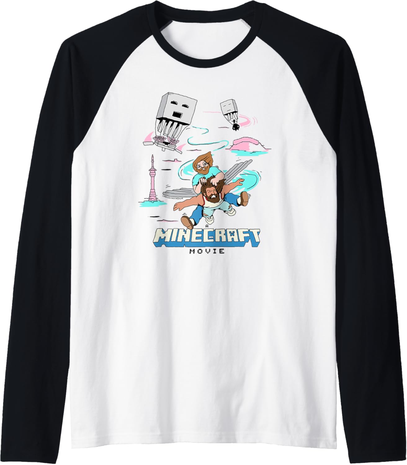 A Minecraft Movie Steve And Garret Escape Using Elytras Raglan Baseball Tee