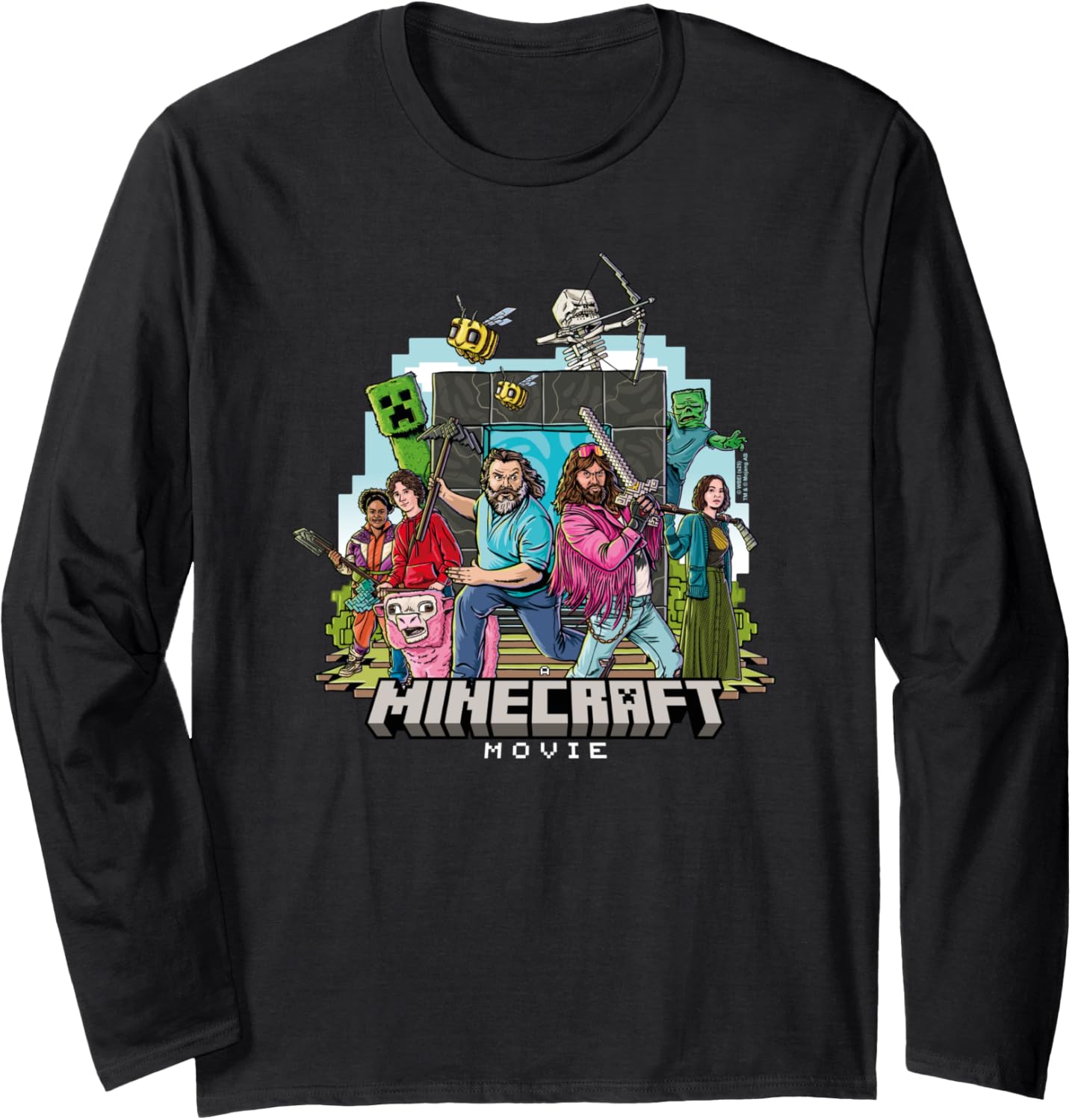 A Minecraft Movie Main Characters Group Shot Cartoon Style Long Sleeve