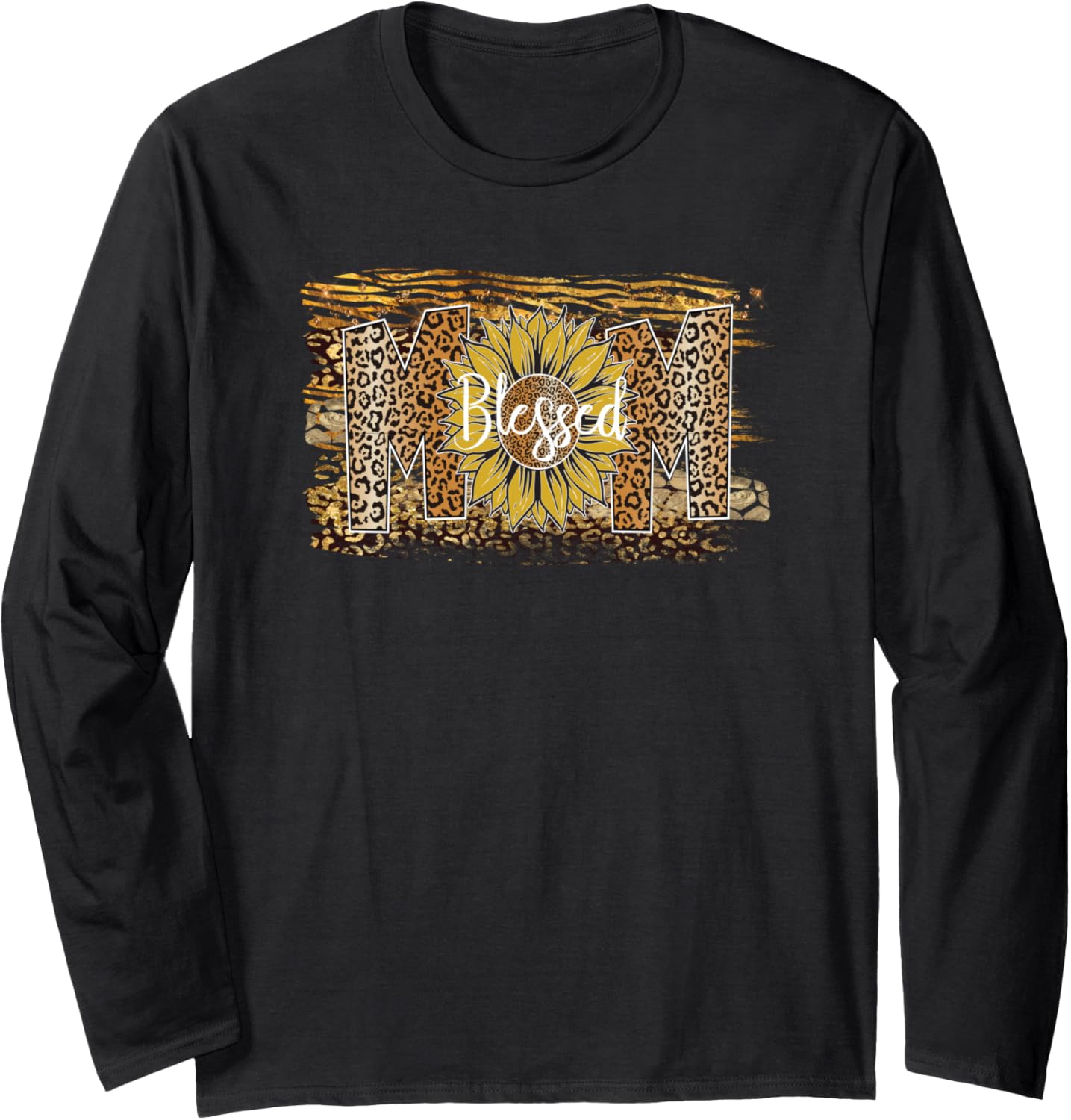 Blessed Sunflower Leopard Print Mom Letter Religious Mother Long Sleeve
