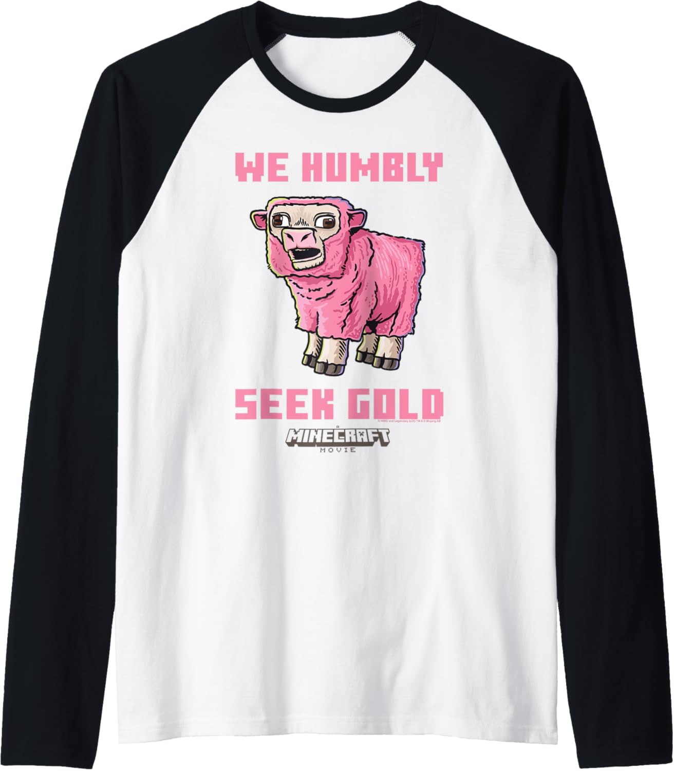 A Minecraft Movie We Humbly Seek Gold Pink Sheep Raglan Baseball Tee