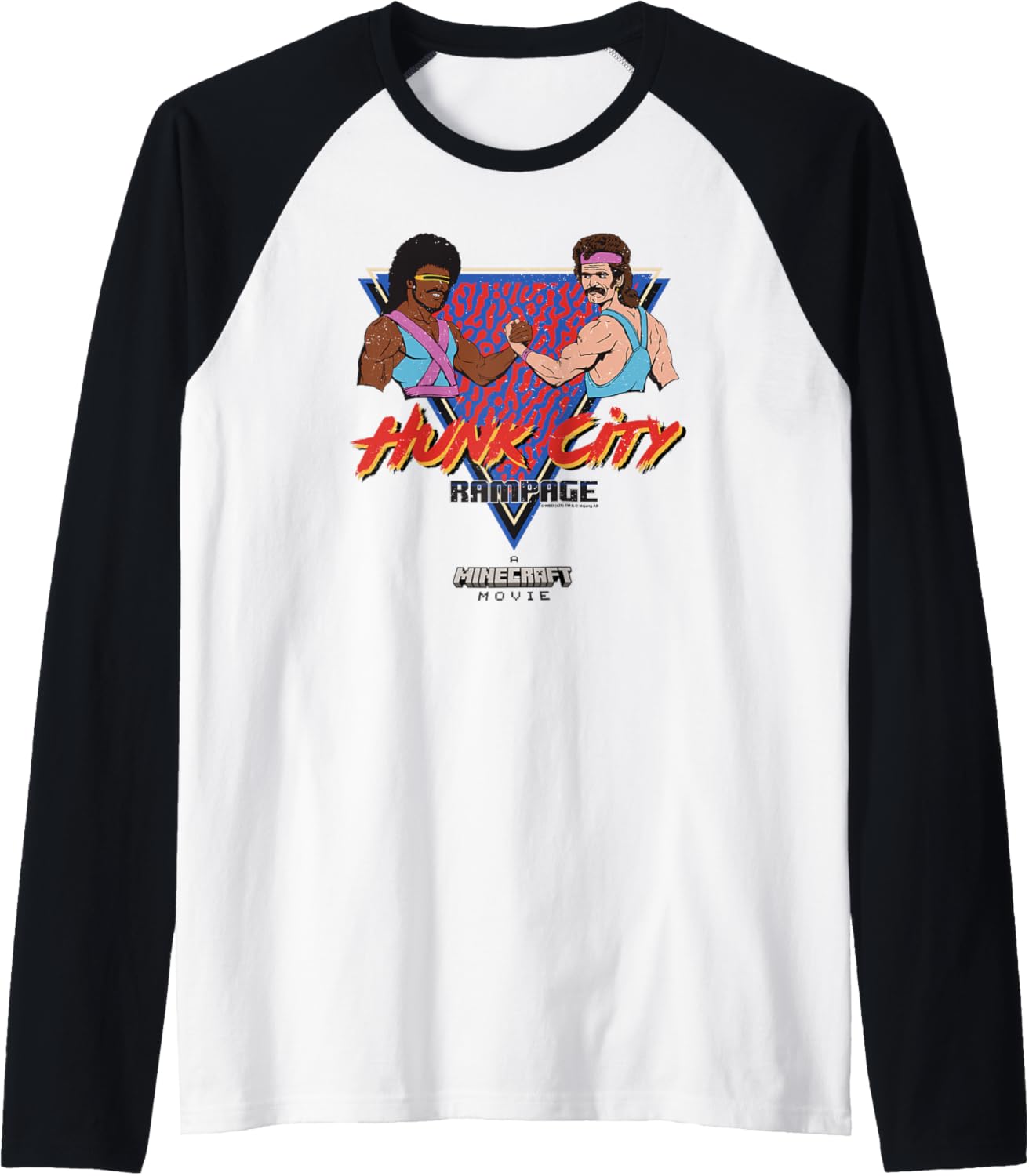 A Minecraft Movie Hunk City Rampage Colorful 90's Logo Raglan Baseball Tee