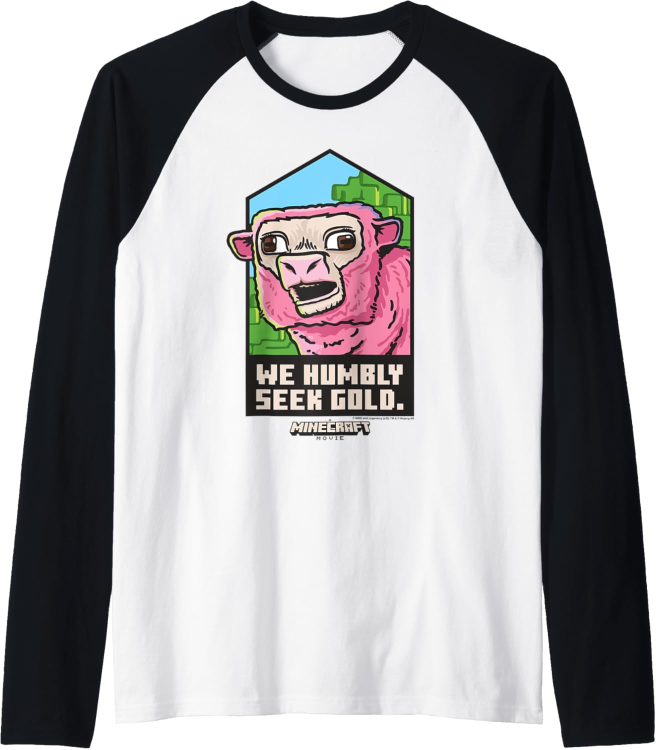 A Minecraft Movie We Humbly Seek Gold Pink Sheep Portrait Raglan Baseball Tee