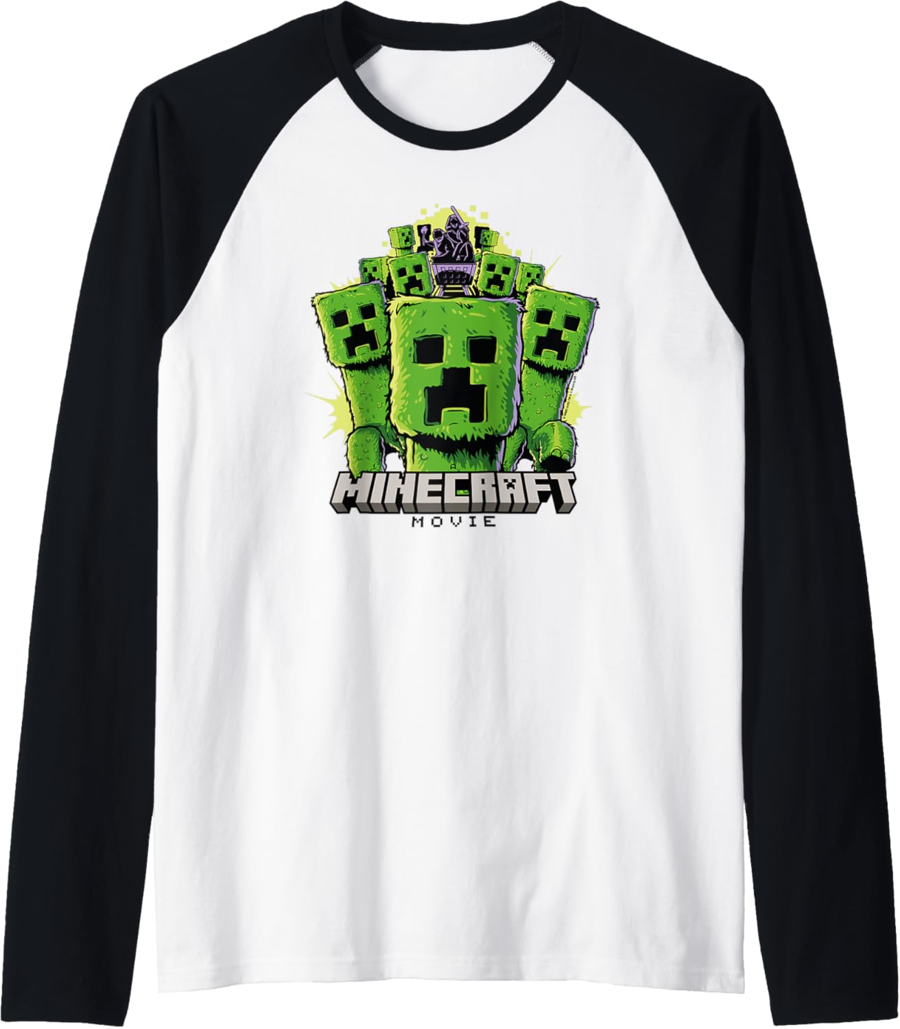A Minecraft Movie Group Of Creepers Surrounding The Heroes Raglan Baseball Tee
