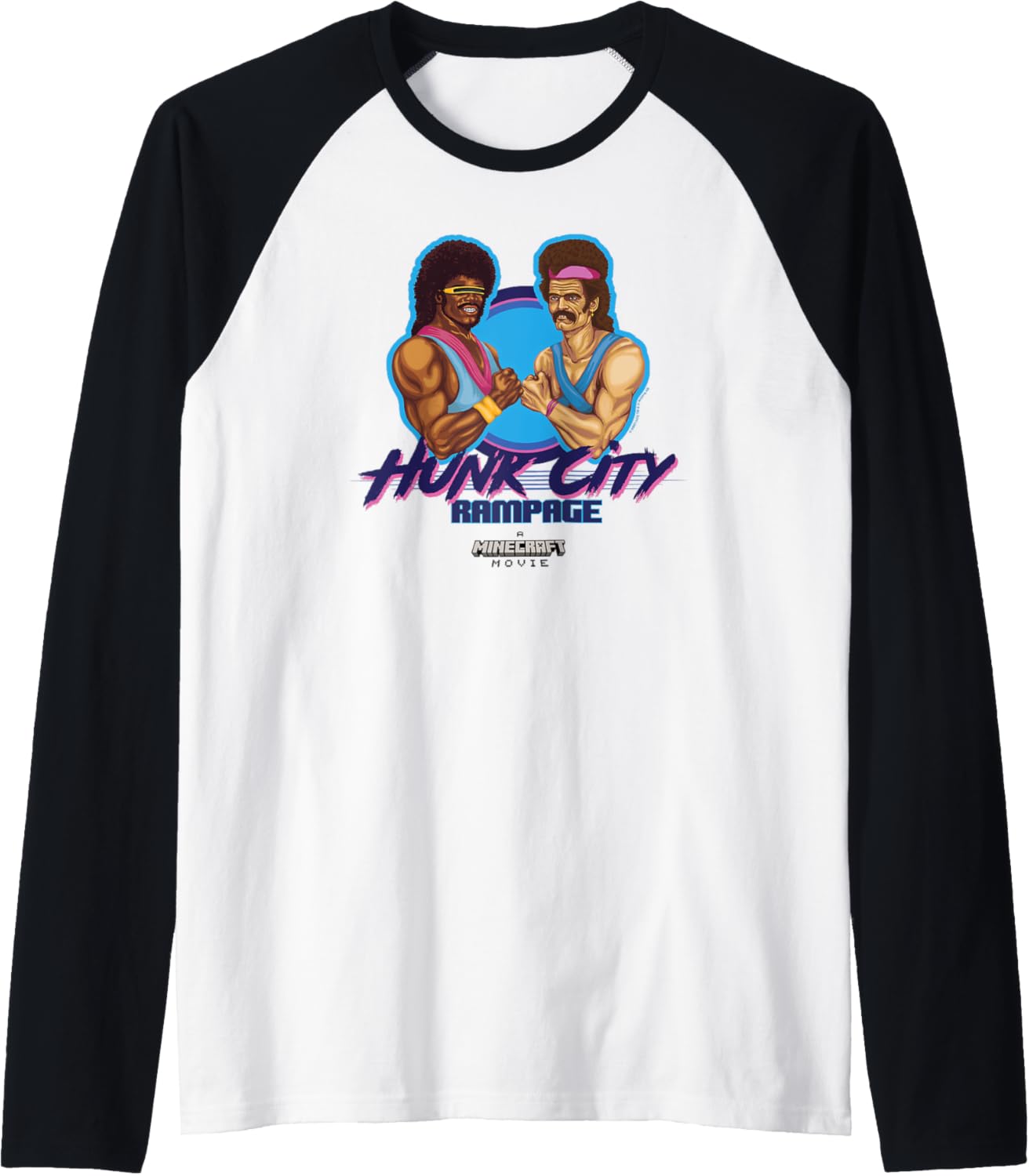 A Minecraft Movie Hunk City Rampage Powerful 90's Logo Raglan Baseball Tee
