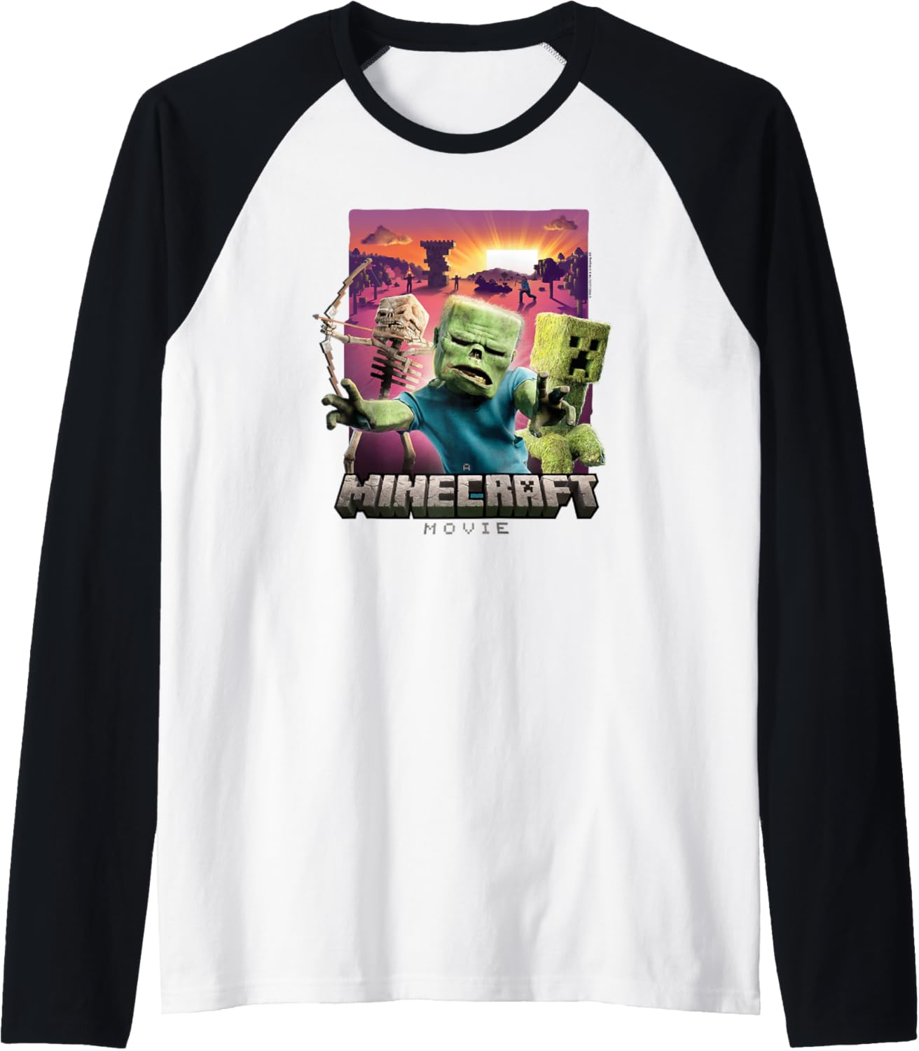 A Minecraft Movie Skeleton Zombie & Creeper Group Portrait Raglan Baseball Tee