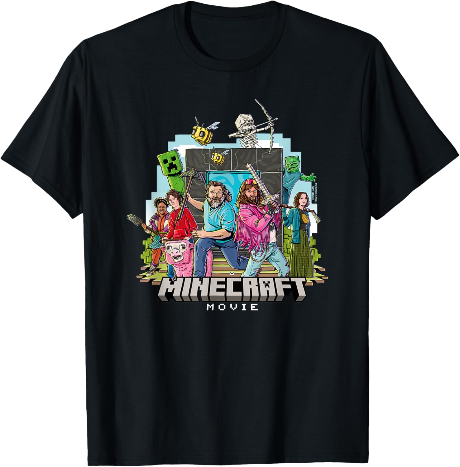 A Minecraft Movie Main Characters Group Shot Cartoon Style