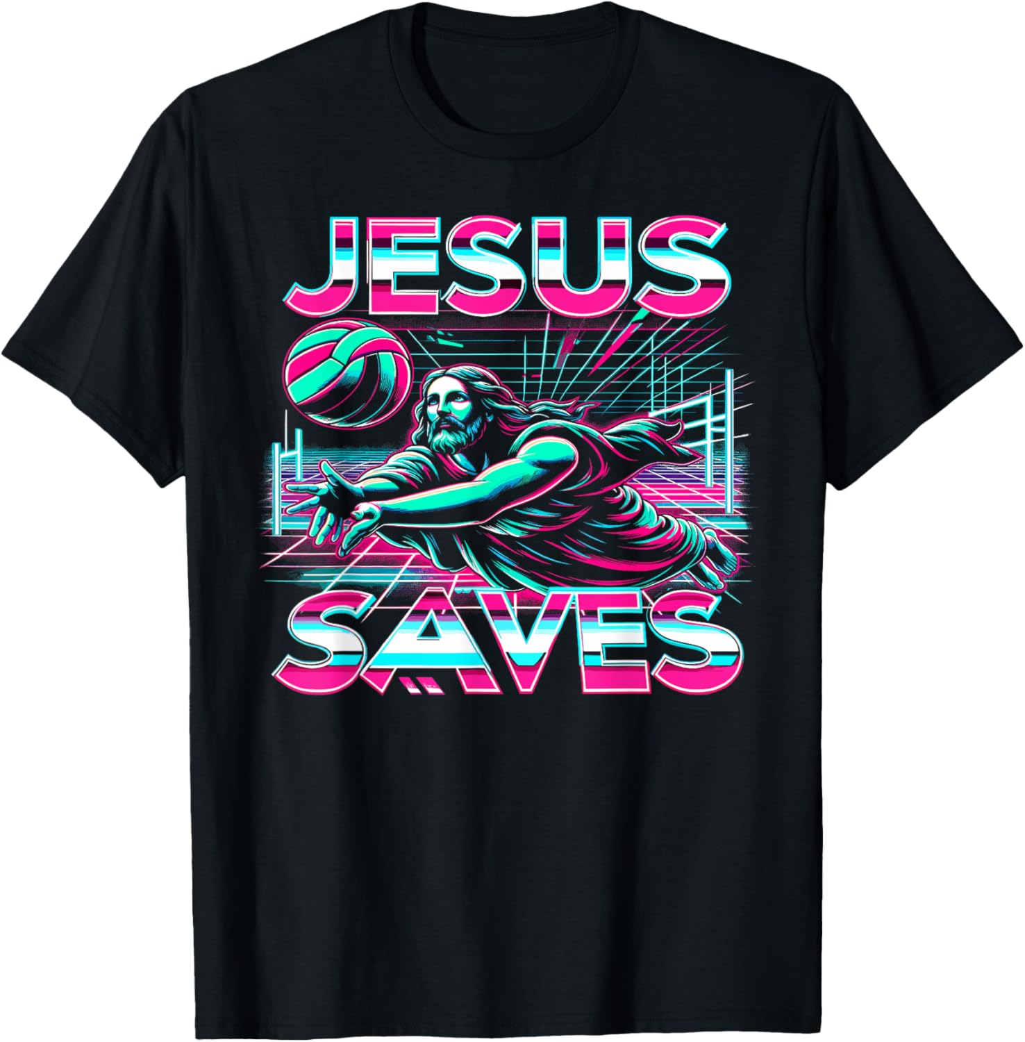 80s Vaporwave Jesus Saves Volleyball